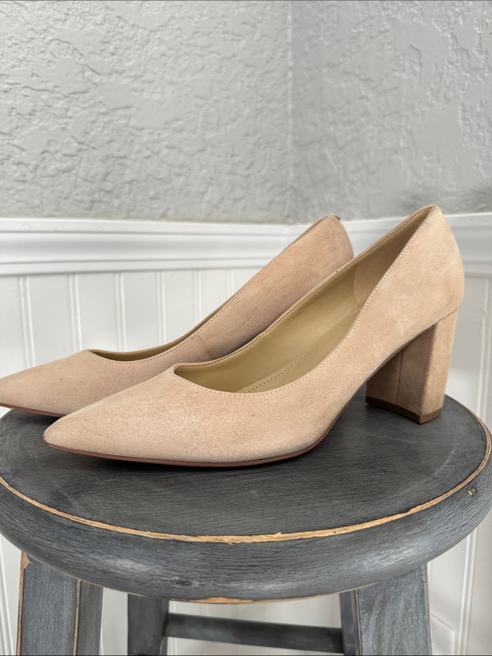 Marc Fisher Suede Pointed-Toe Block Heels - Beige